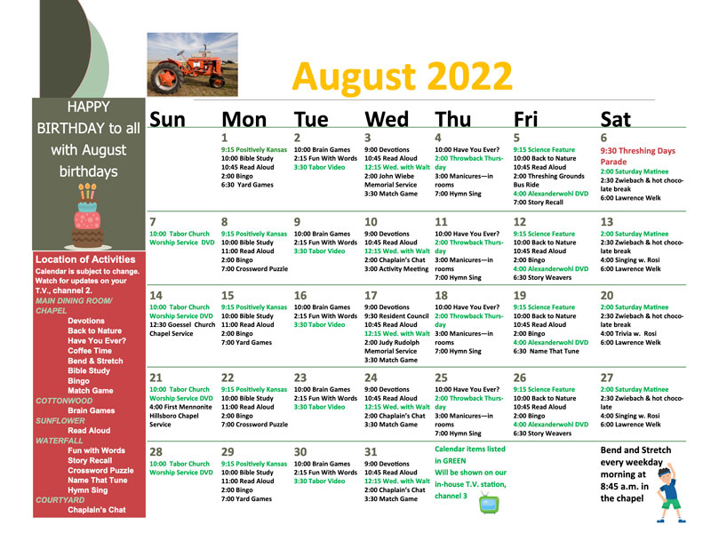 August 2022 activity calendar
