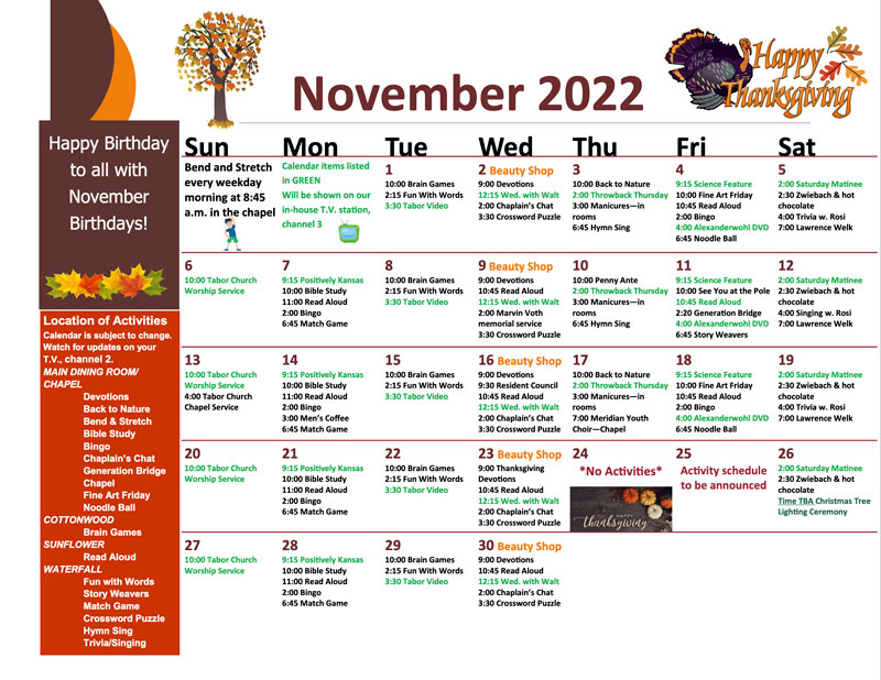 November 2022 activity calendar