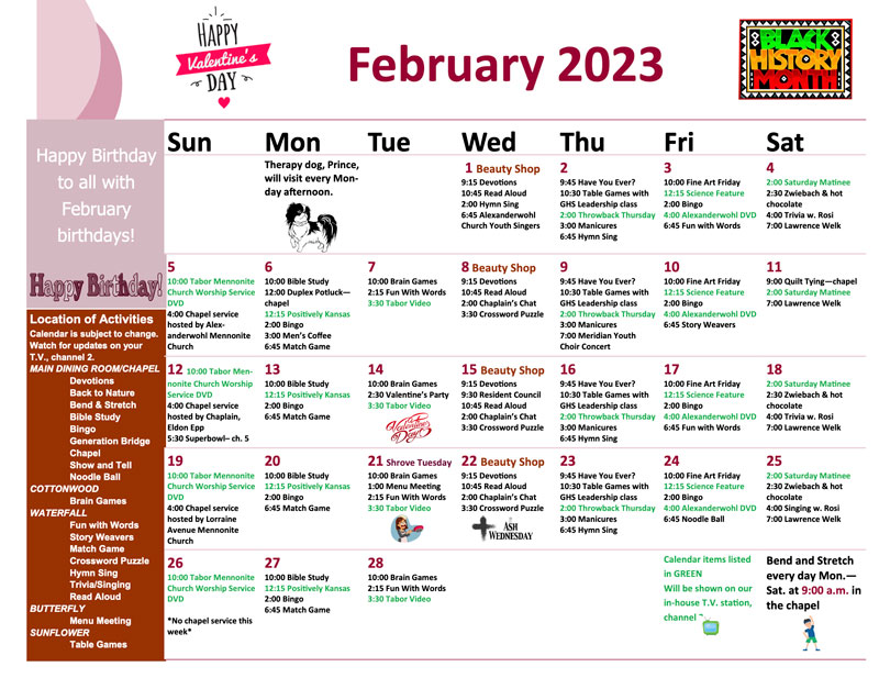 February 2023 activity calendar