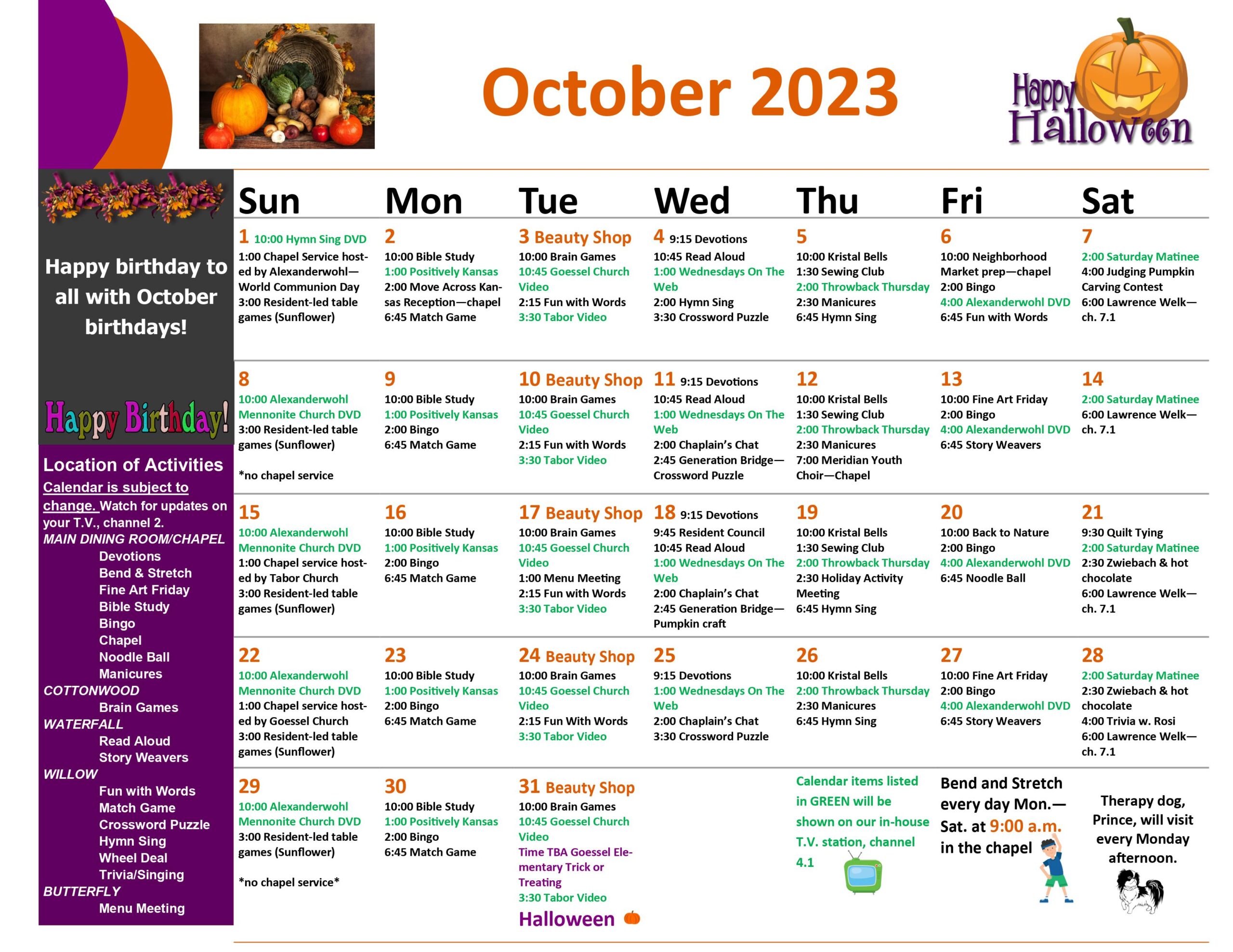 October 2023 activity calendar