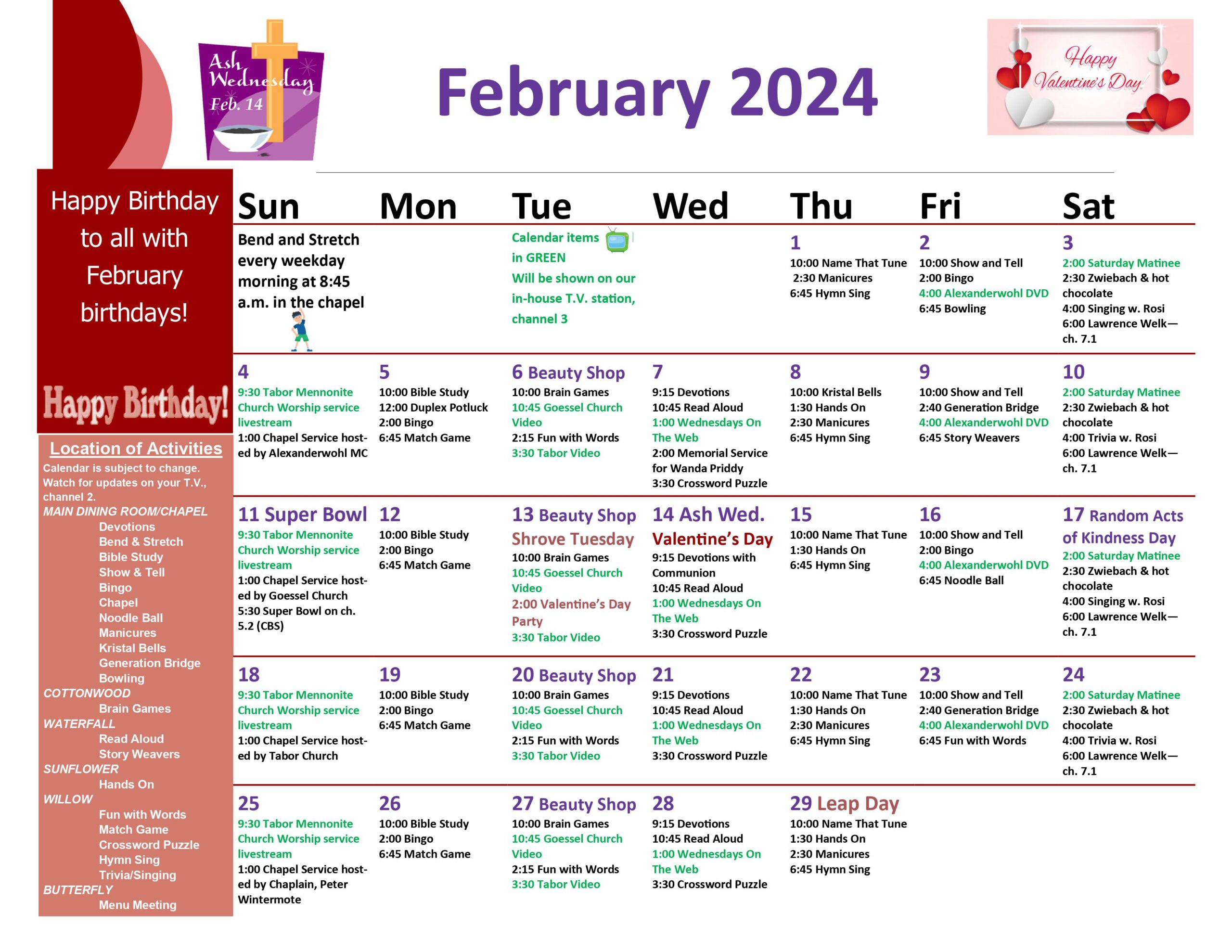 February 2024 activity calendar