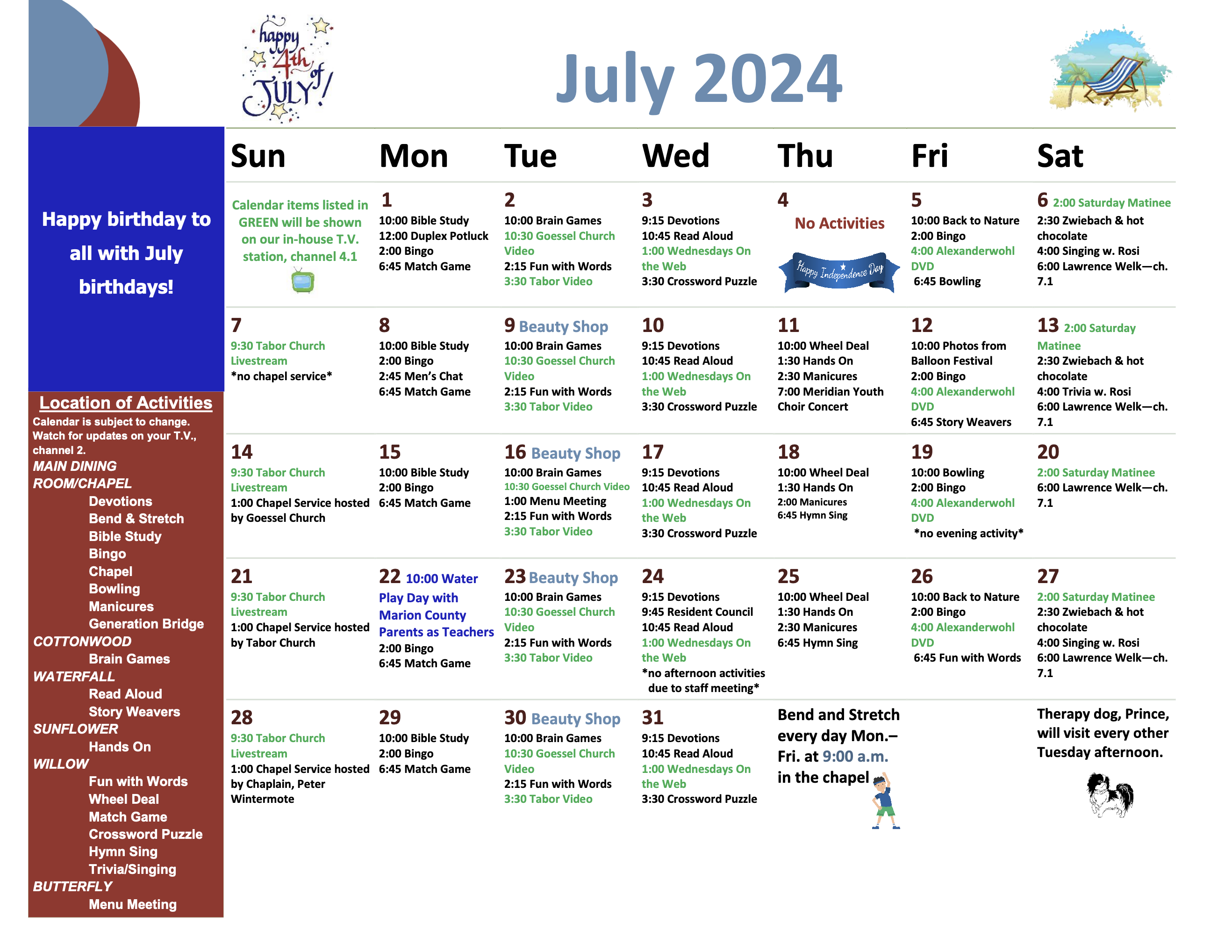 July 2024 activity calendar