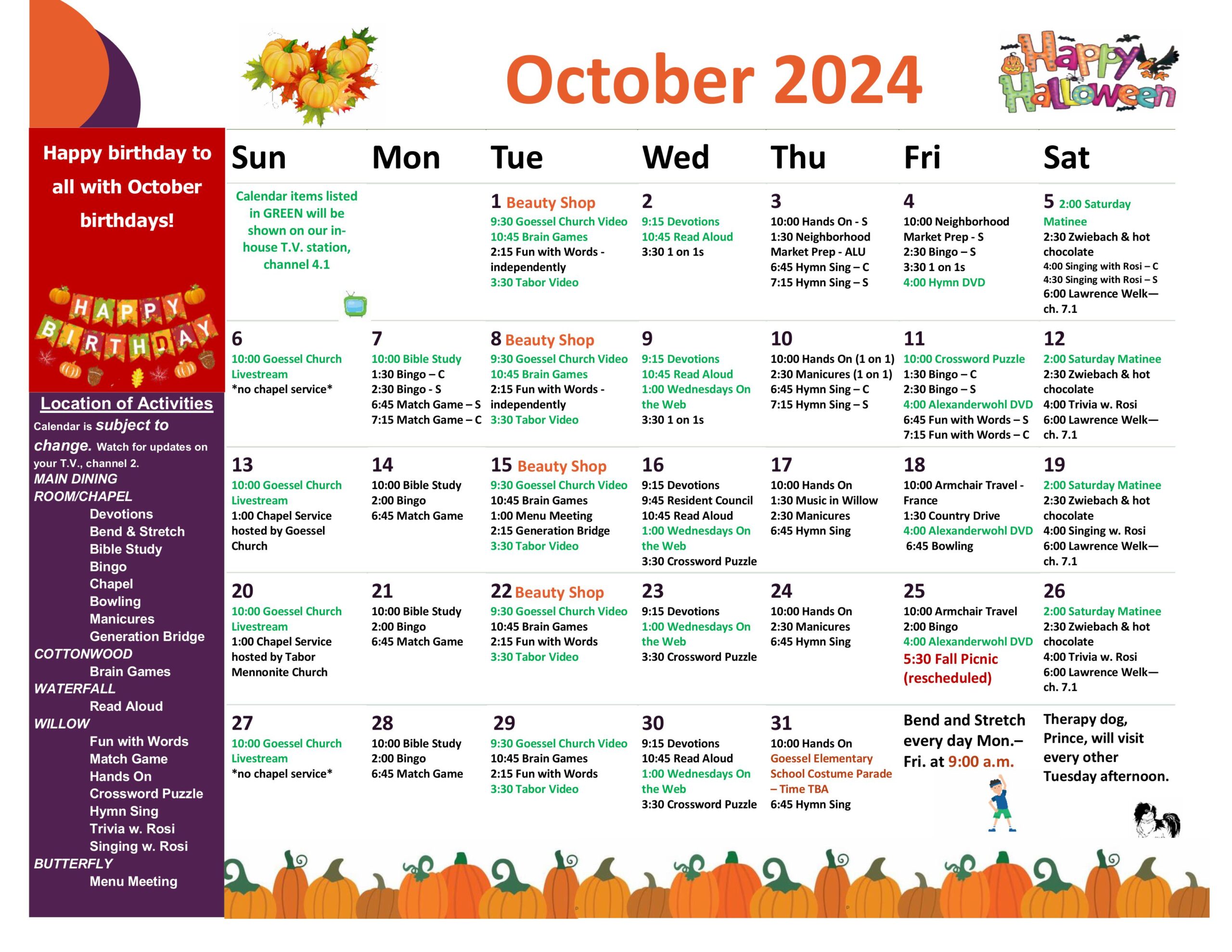 October 2024 activity calendar