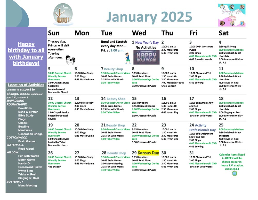 January 2025 activity calendar