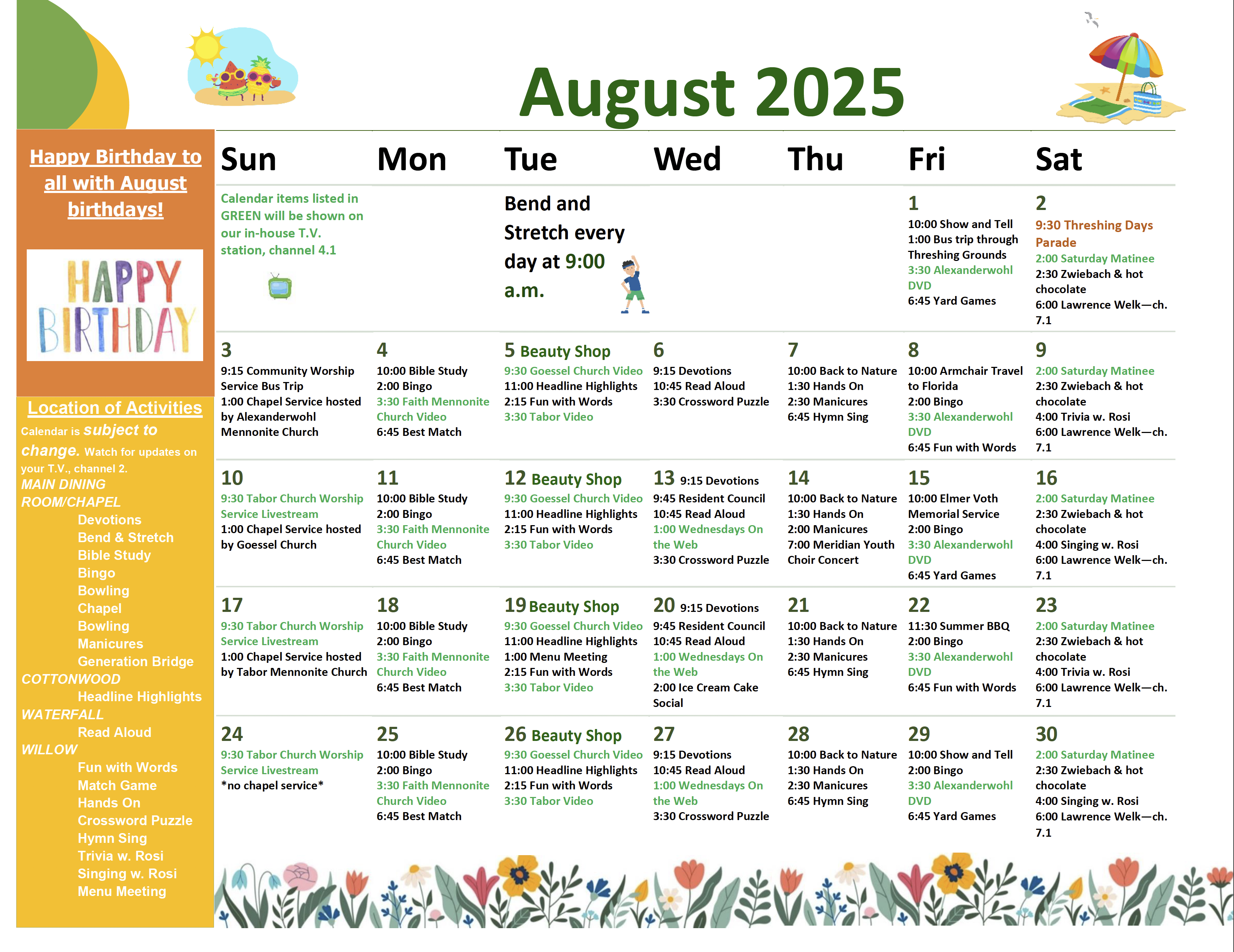 August 2025 activity calendar
