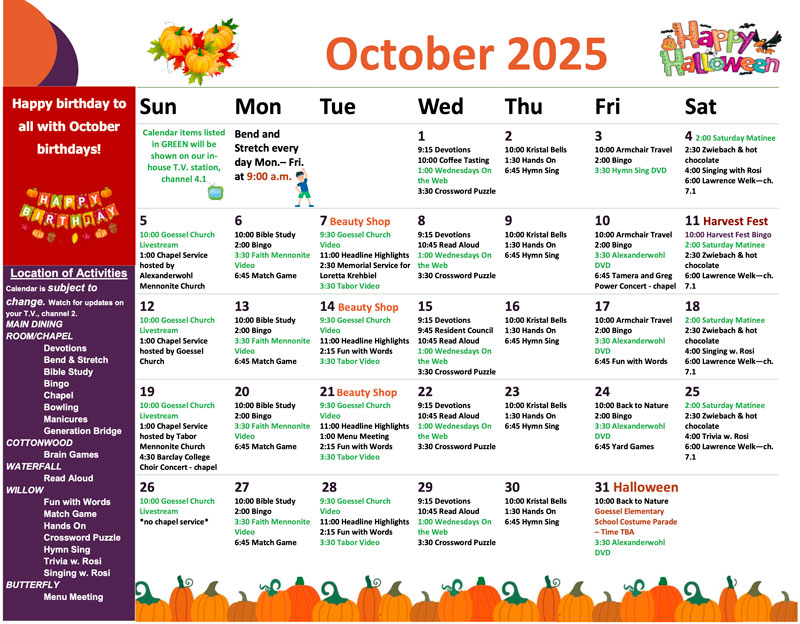 October 2025 activity calendar