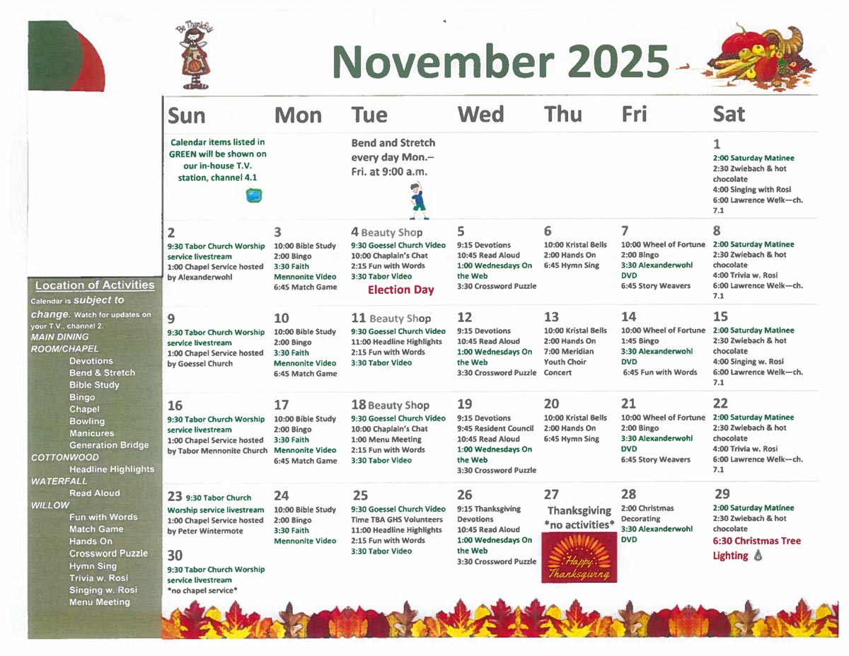 November 2025 activity calendar