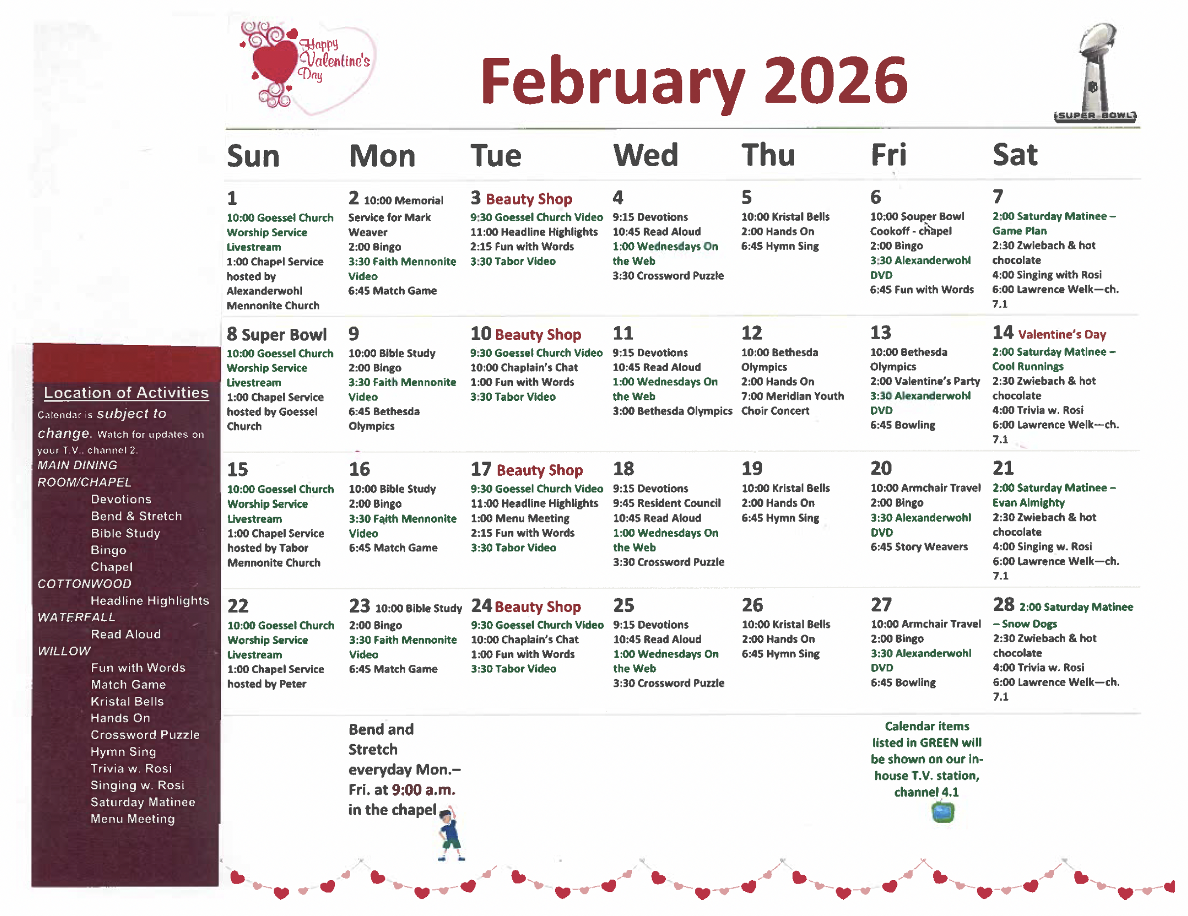 February 2026 activity calendar