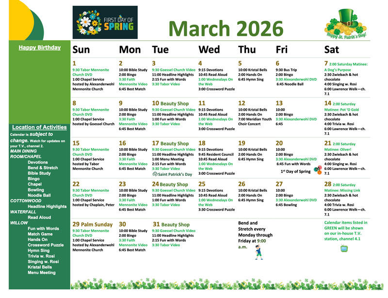 March 2026 activity calendar
