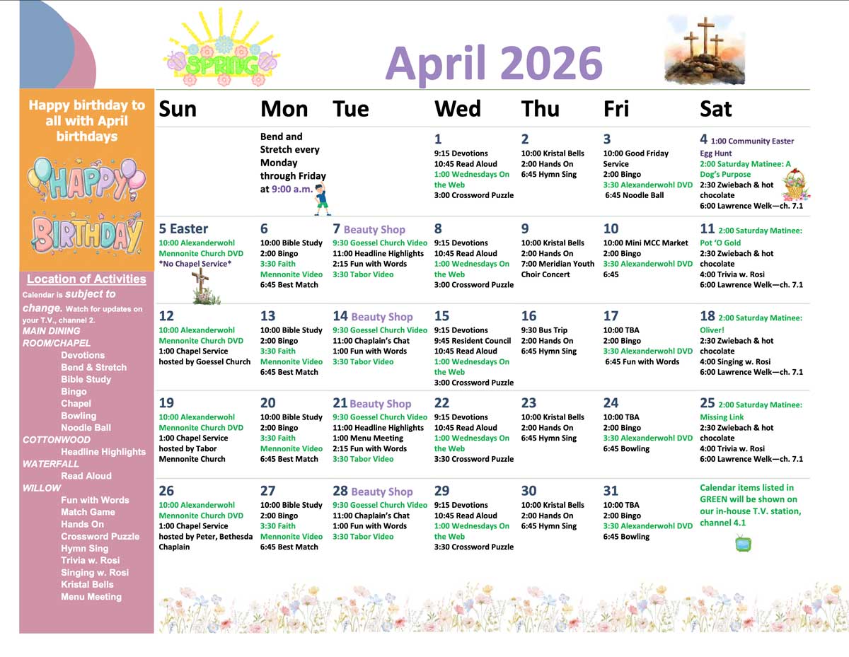 April 2026 activity calendar