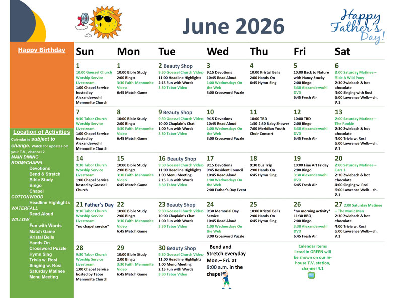 June 2026 activity calendar