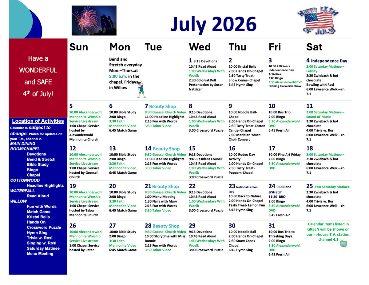 July 2026 activity calendar