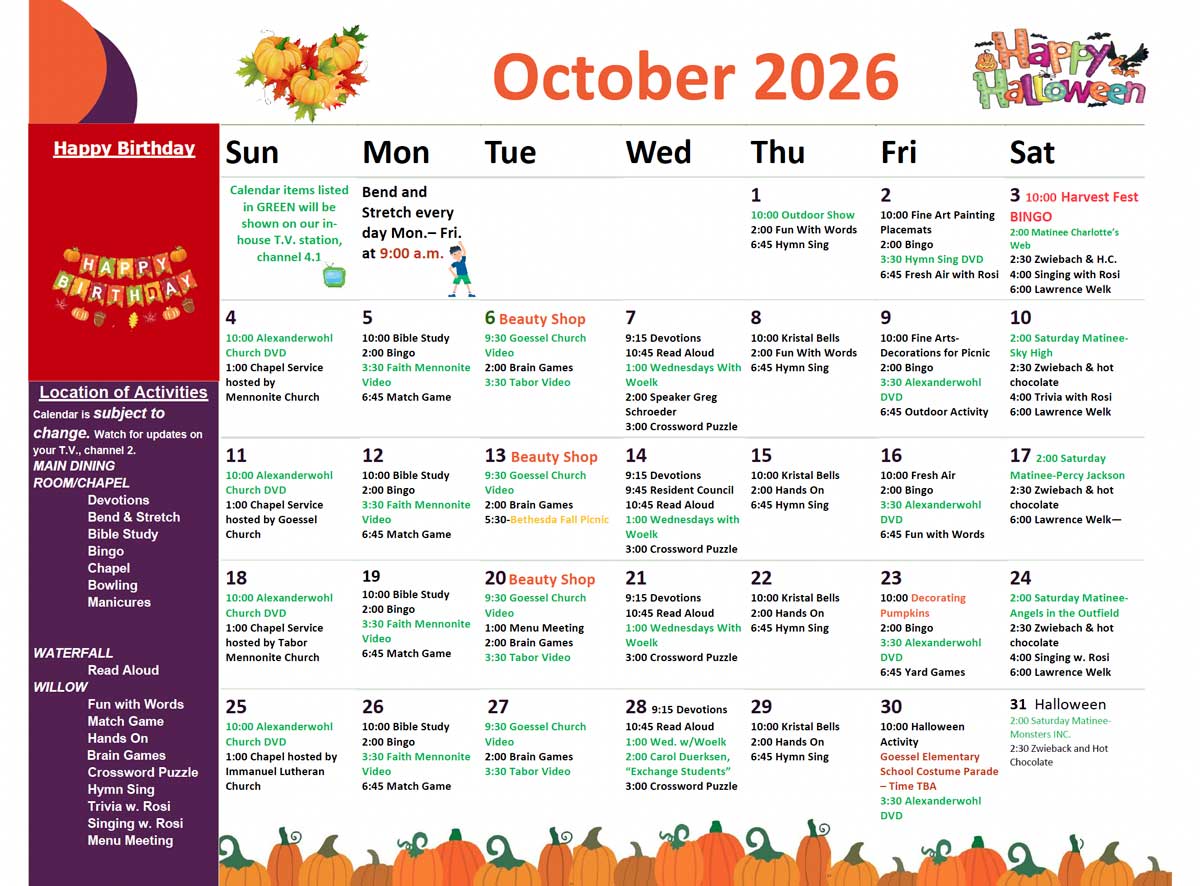 October 2026 activity calendar